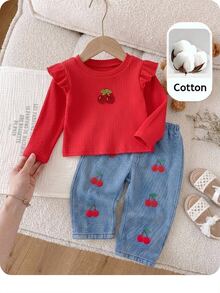 SHEIN Baby Girl Cute Casual Knit Red Cherry Pattern Long Sleeve Top And Elastic Waist Long Pants Set - Red - View 8