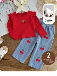 SHEIN Baby Girl Cute Casual Knit Red Cherry Pattern Long Sleeve Top And Elastic Waist Long Pants Set - Red - View 6