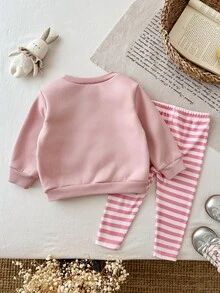 SHEIN Baby Girl Knit Solid Color Cute Cartoon Duck Pattern Sweatshirt And Striped Pants 2 Pieces Set - Pink - View 4
