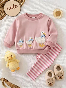 SHEIN Baby Girl Knit Solid Color Cute Cartoon Duck Pattern Sweatshirt And Striped Pants 2 Pieces Set - Pink - View 1
