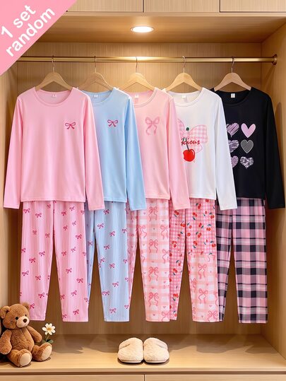 [Randomly Send 1set]Teen Girls Long Sleeve Pajama Set, Spring/Autumn Home Wear, Sweet Girl Style, Bow, Cherry, Heart, Plaid Print, Soft Skin-Friendly Knitted Fabric, Loose Casual Fresh Style, Round Neck Long Sleeve Long Pants 2-Piece Set, Home Wear Pajamas