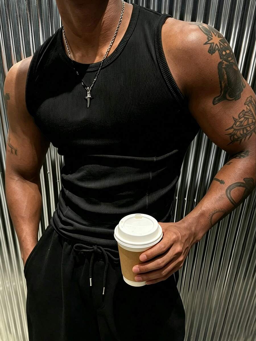 Rovax Men's Solid Color Crew Neck Sleeveless Casual Tank Top - Black - View 1