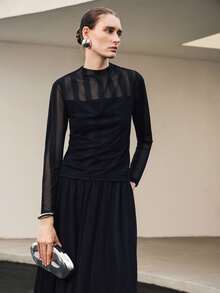 Uhlyne Uhlyne Halloween Women's Black Knit Striped Skirt Set,High Neck Long Sleeve Top&Elastic Waist Skirt,Elegant Night Out Autumn Party Minimalist Dress - Black - View 11