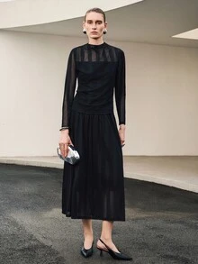Uhlyne Uhlyne Halloween Women's Black Knit Striped Skirt Set,High Neck Long Sleeve Top&Elastic Waist Skirt,Elegant Night Out Autumn Party Minimalist Dress - Black - View 1