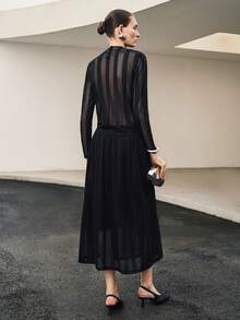 Uhlyne Uhlyne Halloween Women's Black Knit Striped Skirt Set,High Neck Long Sleeve Top&Elastic Waist Skirt,Elegant Night Out Autumn Party Minimalist Dress - Black - View 2