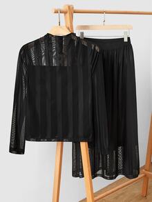 Uhlyne Uhlyne Halloween Women's Black Knit Striped Skirt Set,High Neck Long Sleeve Top&Elastic Waist Skirt,Elegant Night Out Autumn Party Minimalist Dress - Black - View 9