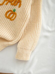 SHEIN 女童針織字母圖案圓領休閒毛衣 - 卡其色 - 查看 7