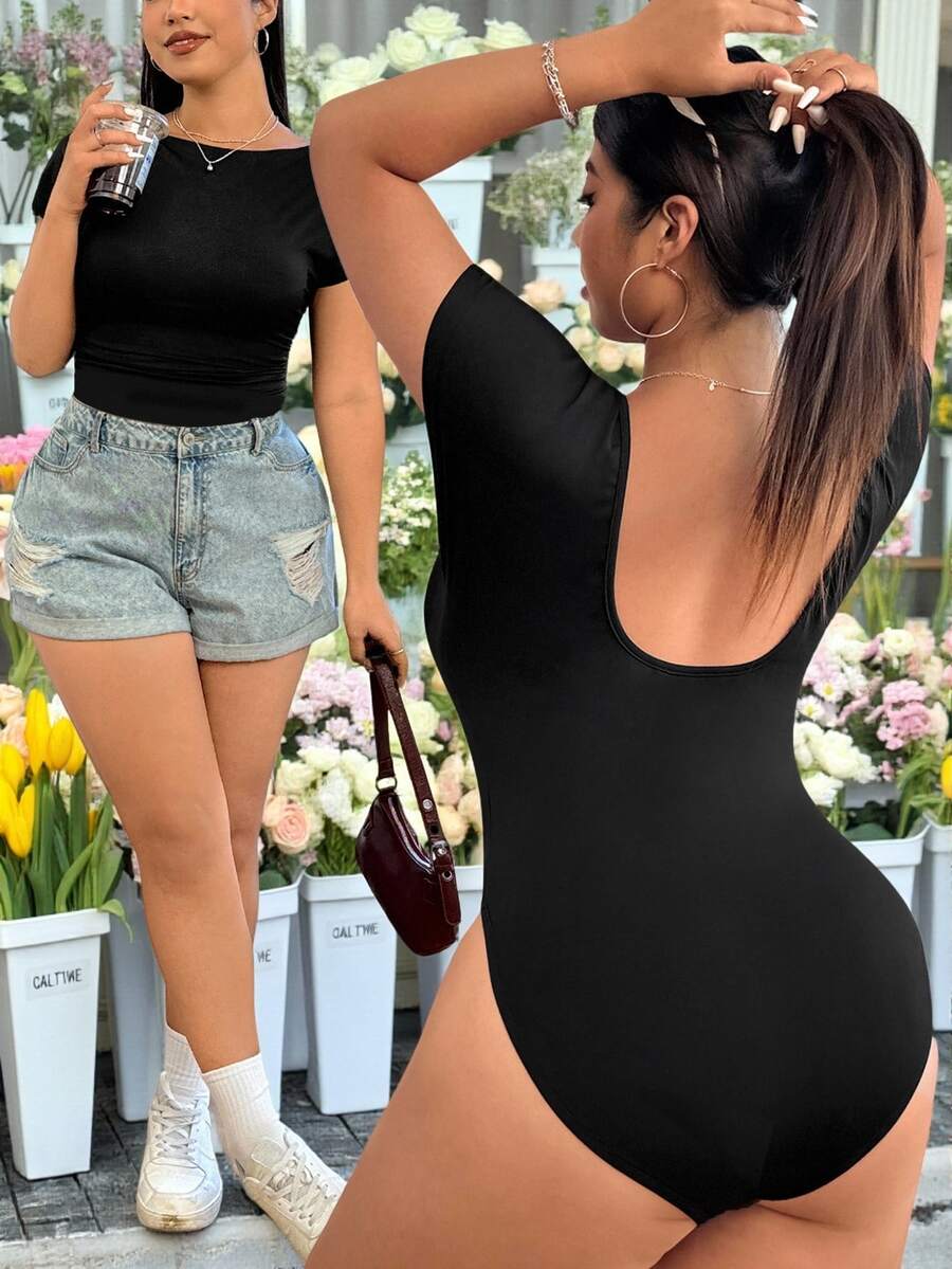 GalTyme Body negro de manga corta y espalda descubierta, talla grande, ajuste ceñido - Negro - Ver 1