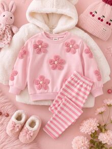 LMoss Kids 女嬰針織純色花卉圖案圓領運動衫與條紋長褲2件套 - 粉色 - 查看 3