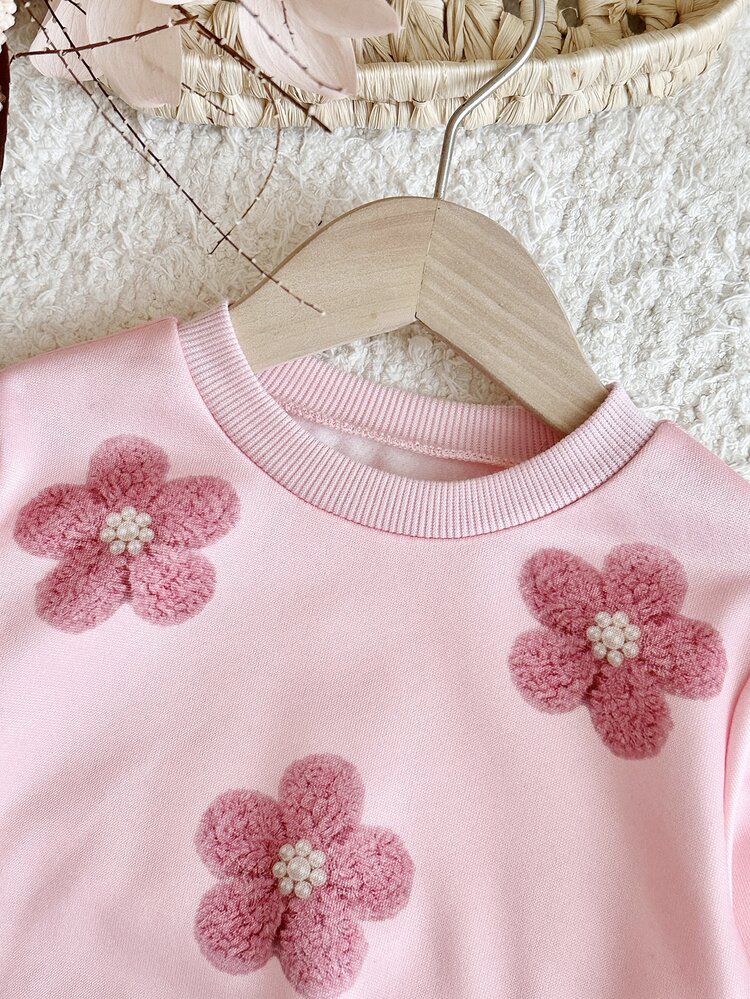 LMoss Kids Baby Girl Knitted Solid Color Floral Pattern Crew Neck Sweatshirt And Striped Long Pants 2 Pieces Set - Pink - View 7