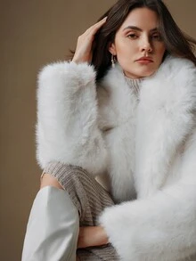 Anewsta Women's Long Fluffy Collar Elegant Modern Fashion Jacket For Holiday Party Clothes - White - View 6