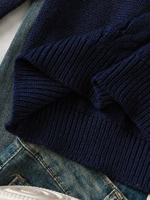 SHEIN Tween Girls Striped Colorblock Cable Knit V-Neck Lantern Sleeve Oversized Pullover Sweater, Suitable For Autumn/Winter And Outdoor Wear - Navy Blue - View 9