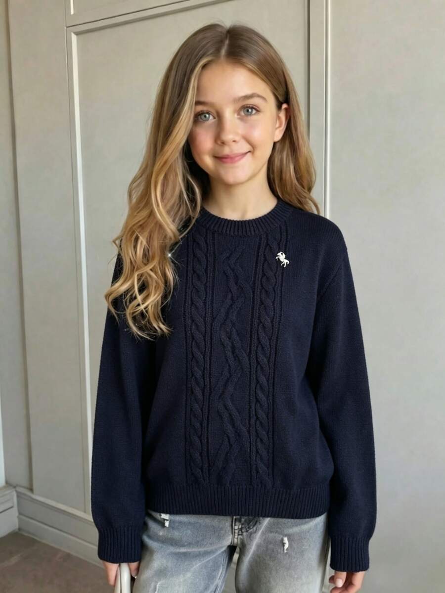 SHEIN Tween Girls Striped Colorblock Cable Knit V-Neck Lantern Sleeve Oversized Pullover Sweater, Suitable For Autumn/Winter And Outdoor Wear
