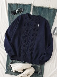 SHEIN Tween Girls Striped Colorblock Cable Knit V-Neck Lantern Sleeve Oversized Pullover Sweater, Suitable For Autumn/Winter And Outdoor Wear - Navy Blue - View 4