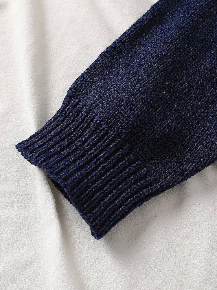 SHEIN Tween Girls Striped Colorblock Cable Knit V-Neck Lantern Sleeve Oversized Pullover Sweater, Suitable For Autumn/Winter And Outdoor Wear - Navy Blue - View 5