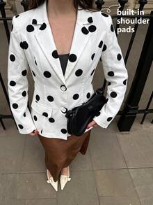 SHEIN Franclia Women's Autumn Polka Dot Elegant Blazer,Formal Wear,Work Outfit,Festival,Party,Wedding Guest,Birthday,Going Out,School Graduation,Concert,White Tops - Black and White - View 3