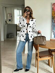 SHEIN Franclia Women's Autumn Polka Dot Elegant Blazer,Formal Wear,Work Outfit,Festival,Party,Wedding Guest,Birthday,Going Out,School Graduation,Concert,White Tops - Black and White - View 8