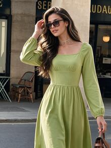 Flora Isola Flora Isola Vacation Casual Square Neck Waist-Cinching Dress - Green - View 4