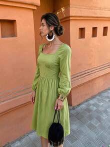 Flora Isola Flora Isola Vacation Casual Square Neck Waist-Cinching Dress - Green - View 5