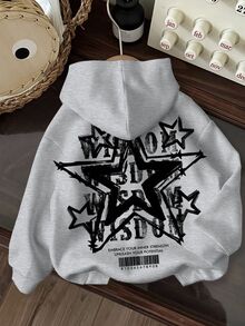 Slaydiva Casual Star Letter Barcode Graphic Drawstring Hooded Loose Fit Fleece Sweatshirt For Women, Autumn/Winter Hoodie - Grey - View 1