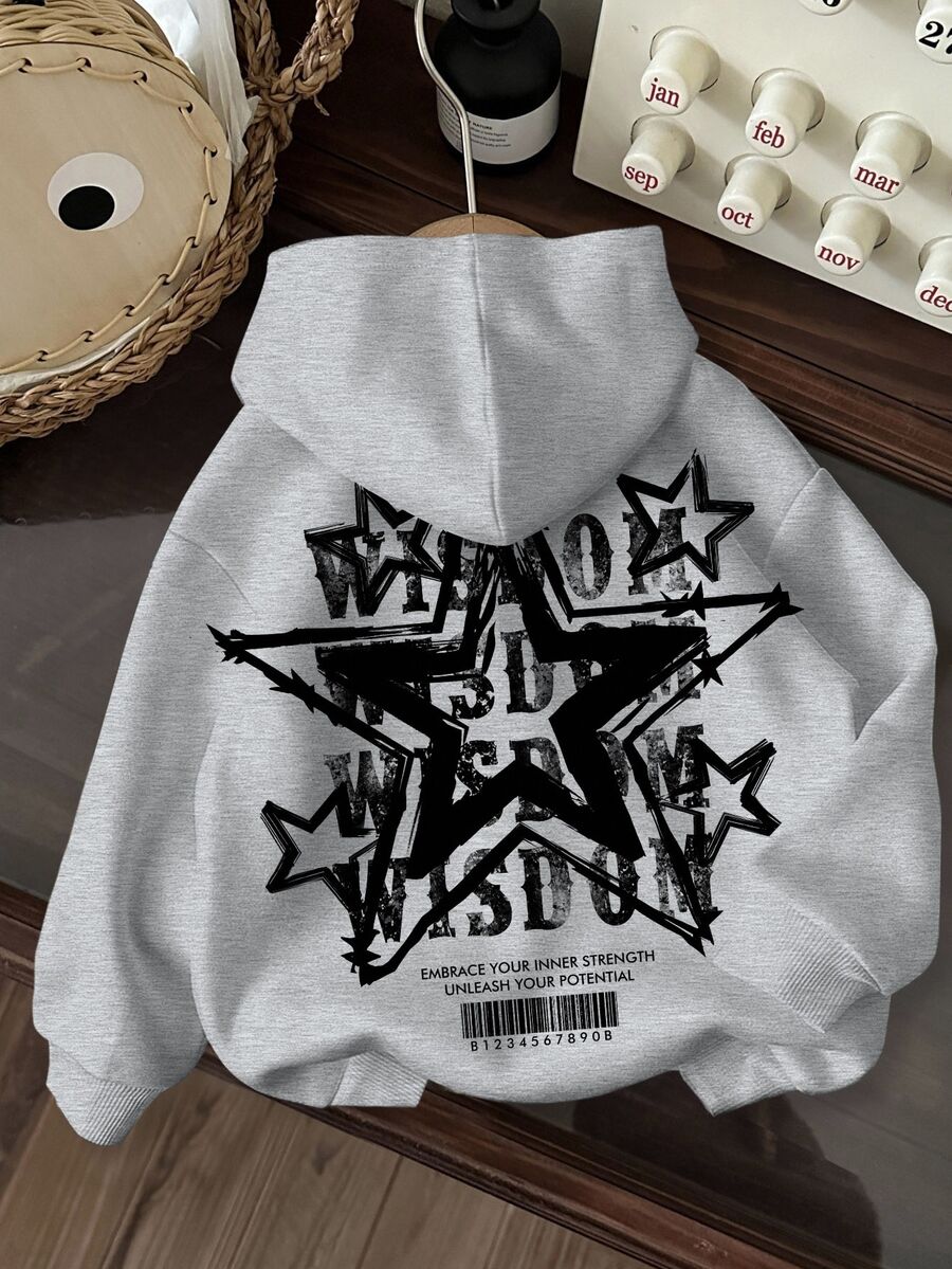 Slaydiva Casual Star Letter Barcode Graphic Drawstring Hooded Loose Fit Fleece Sweatshirt For Women, Autumn/Winter Hoodie - Grey - View 1