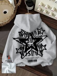 Slaydiva Casual Star Letter Barcode Graphic Drawstring Hooded Loose Fit Fleece Sweatshirt For Women, Autumn/Winter Hoodie - Grey - View 6