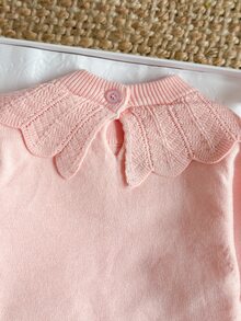 SHEIN 女嬰針織長袖套頭連身衣，翻領設計，粉色蕾絲飾邊蝴蝶結連身衣，百搭優雅可愛時尚，適合秋冬日常穿著、外出與旅行 - 粉色 - 查看 7