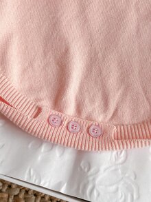 SHEIN 女嬰針織長袖套頭連身衣，翻領設計，粉色蕾絲飾邊蝴蝶結連身衣，百搭優雅可愛時尚，適合秋冬日常穿著、外出與旅行 - 粉色 - 查看 6