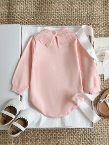 SHEIN 女嬰針織長袖套頭連身衣，翻領設計，粉色蕾絲飾邊蝴蝶結連身衣，百搭優雅可愛時尚，適合秋冬日常穿著、外出與旅行 - 粉色 - 查看 2
