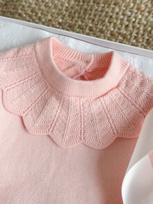 SHEIN 女嬰針織長袖套頭連身衣，翻領設計，粉色蕾絲飾邊蝴蝶結連身衣，百搭優雅可愛時尚，適合秋冬日常穿著、外出與旅行 - 粉色 - 查看 5