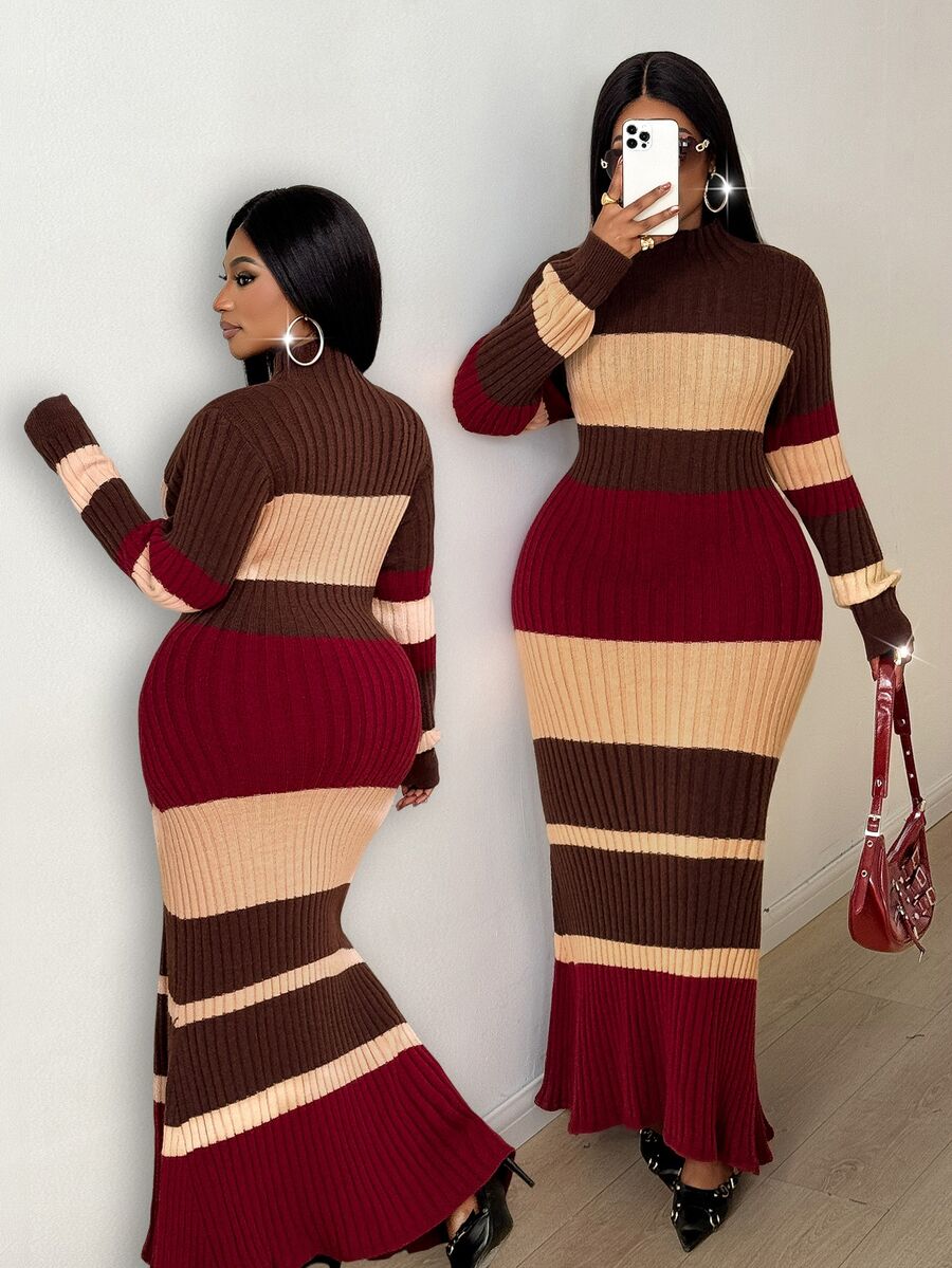 Mawevolt Women's Elegant Burgundy Autumn Dress, Vintage Striped Ribbed Turtleneck Long Sleeve Slim Fit Maxi Knitted Sweater Plus Size Holiday Commuter Winter - Multicolor - View 1