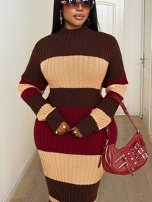 Mawevolt Women's Elegant Burgundy Autumn Dress, Vintage Striped Ribbed Turtleneck Long Sleeve Slim Fit Maxi Knitted Sweater Plus Size Holiday Commuter Winter - Multicolor - View 2
