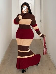 Mawevolt Women's Elegant Burgundy Autumn Dress, Vintage Striped Ribbed Turtleneck Long Sleeve Slim Fit Maxi Knitted Sweater Plus Size Holiday Commuter Winter - Multicolor - View 7