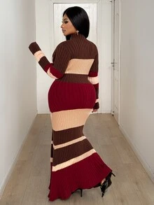 Mawevolt Women's Elegant Burgundy Autumn Dress, Vintage Striped Ribbed Turtleneck Long Sleeve Slim Fit Maxi Knitted Sweater Plus Size Holiday Commuter Winter - Multicolor - View 3