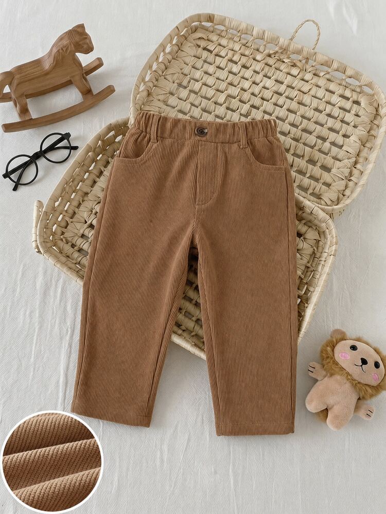 Souflis 1pc Baby Boys Casual Vintage Comfortable Corduroy Pocket Long Pants With Button Decor, Suitable For Daily Wear Autumn Winter - Brown - View 3