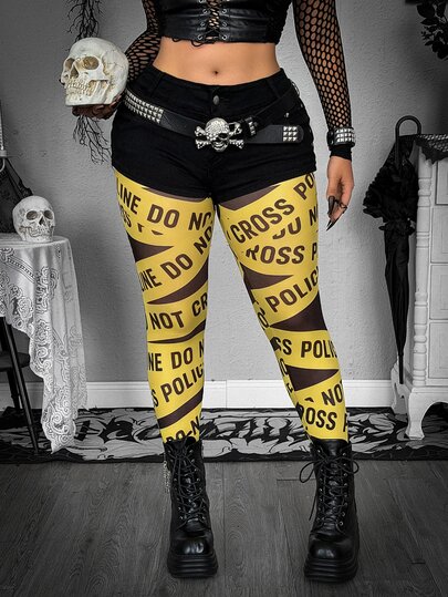 Whyspr Plus Size Women's Vintage Casual Gothic Punk Street Leggings - Bold Avant-Garde Punk Fashion English Letter Print Tight Pants, High Elasticity Halloween Music Festival Women's Cosplay Costume, Autumn Leggings