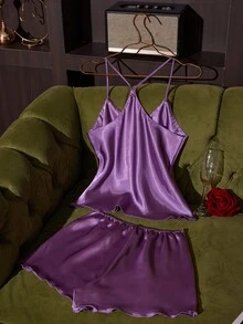 SilkySpell Women Solid Color Camisole And Shorts Pajama Set - Purple - View 2