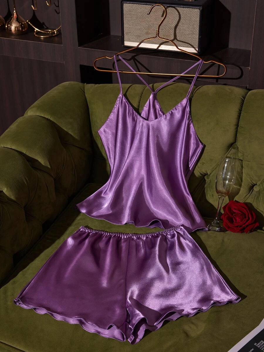 SilkySpell Women Solid Color Camisole And Shorts Pajama Set - Purple - View 1