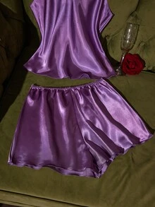SilkySpell Women Solid Color Camisole And Shorts Pajama Set - Purple - View 6