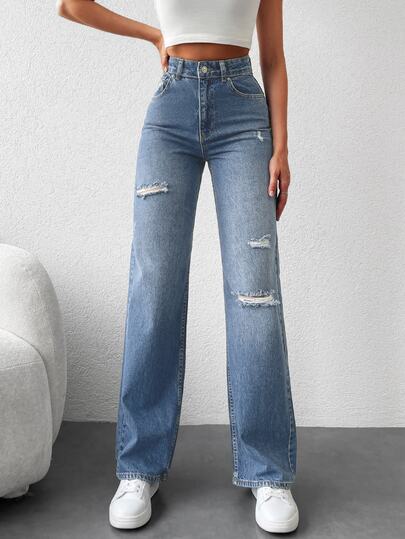 SHEIN Women High Waist Medium Washed Casual Straight Leg Jeans Tall