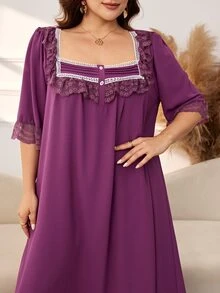 Al Najma Plus Size Square Neck Dress, Lace Trim Decoration, Solid Color Elegant Dubai Style Long Dress With Mid-Sleeves - Red Violet - View 7