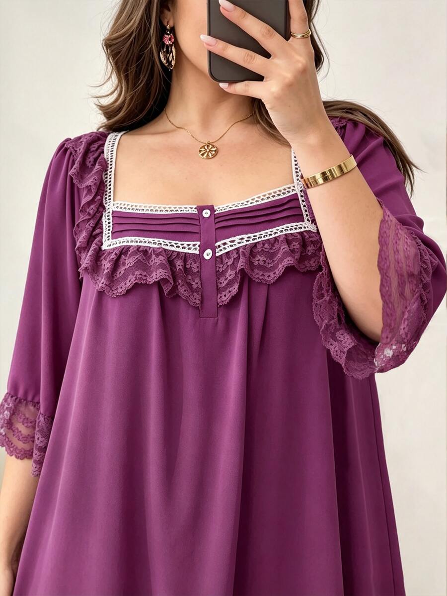 Al Najma Plus Size Square Neck Dress, Lace Trim Decoration, Solid Color Elegant Dubai Style Long Dress With Mid-Sleeves - Red Violet - View 1