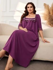 Al Najma Plus Size Square Neck Dress, Lace Trim Decoration, Solid Color Elegant Dubai Style Long Dress With Mid-Sleeves - Red Violet - View 3