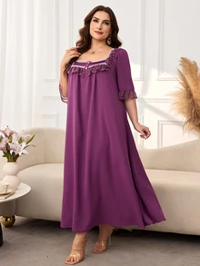 Al Najma Plus Size Square Neck Dress, Lace Trim Decoration, Solid Color Elegant Dubai Style Long Dress With Mid-Sleeves - Red Violet - View 6