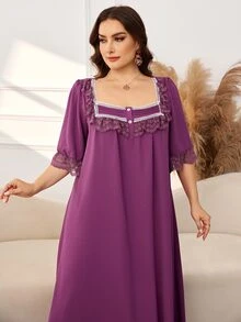 Al Najma Plus Size Square Neck Dress, Lace Trim Decoration, Solid Color Elegant Dubai Style Long Dress With Mid-Sleeves - Red Violet - View 4