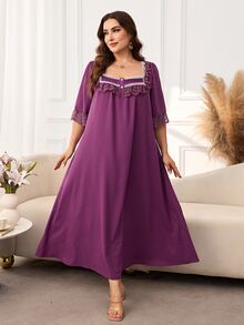 Al Najma Plus Size Square Neck Dress, Lace Trim Decoration, Solid Color Elegant Dubai Style Long Dress With Mid-Sleeves - Red Violet - View 5