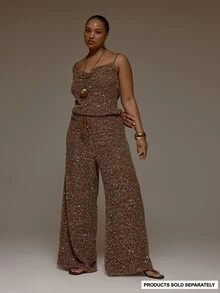 MUSERA Plus Size Brown Sequin Knit Mid Rise Tie Waist Wide Leg Trousers Spring Summer Cute Elegant Date Night Party Festival Holiday Vacation Beach Fall - Coffee Brown - View 1