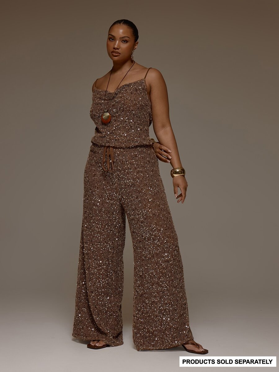 MUSERA Plus Size Brown Sequin Knit Mid Rise Tie Waist Wide Leg Trousers Spring Summer Cute Elegant Date Night Party Festival Holiday Vacation Beach Fall - Coffee Brown - View 1