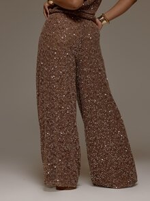 MUSERA Plus Size Brown Sequin Knit Mid Rise Tie Waist Wide Leg Trousers Spring Summer Cute Elegant Date Night Party Festival Holiday Vacation Beach Fall - Coffee Brown - View 4