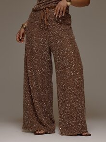 MUSERA Plus Size Brown Sequin Knit Mid Rise Tie Waist Wide Leg Trousers Spring Summer Cute Elegant Date Night Party Festival Holiday Vacation Beach Fall - Coffee Brown - View 2